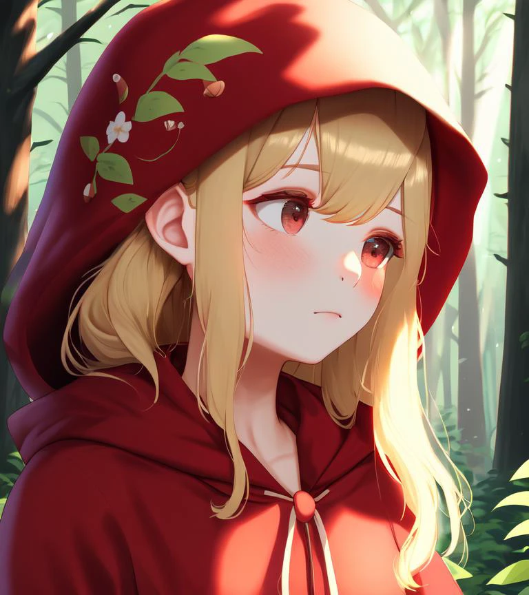 highres, best quality, 1girl, blonde hair, red dress, forest, mist, mushrooms, soft lighting, floral print, portrait, looking to the side, little red little red riding hood