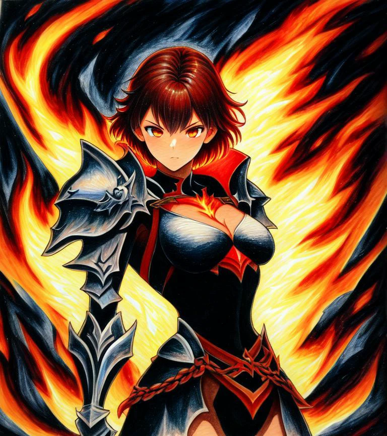 masterpiece, highres, best quality, traditional media, 1girl, warrior, black as night, black armour, flames, by artist Yoshiyuki Tomino, short hair