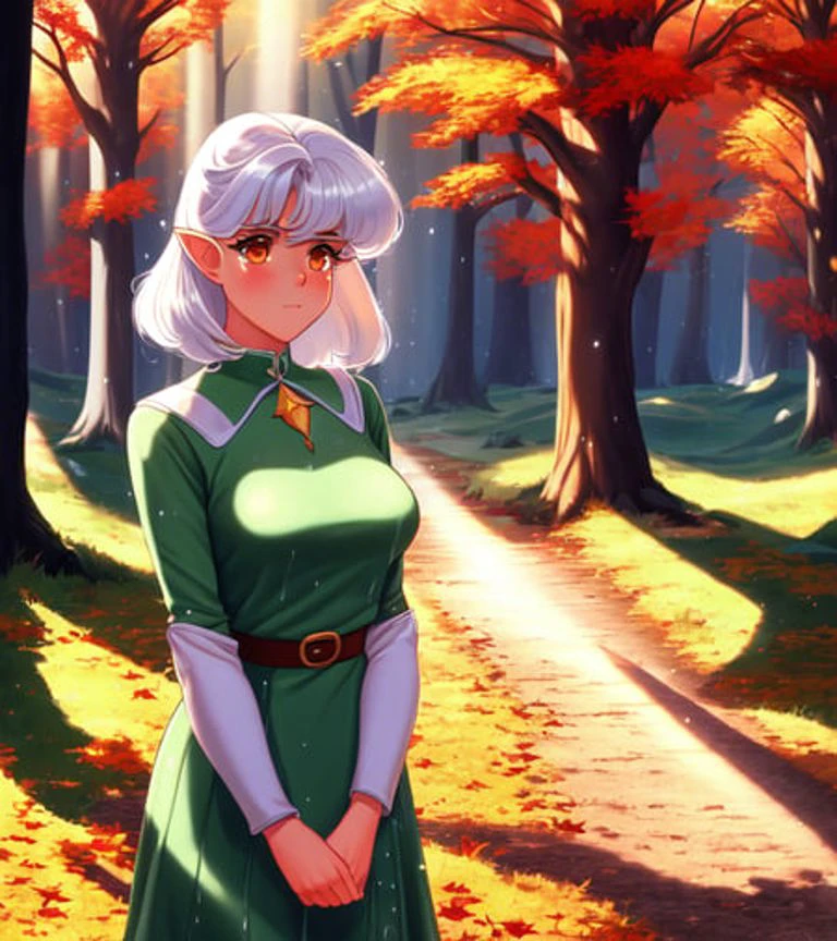 masterpiece, frown, blush, retro artstyle, ancient forest, skirt, light particles, rain, autumn, leaves, grass
highres, best quality, 1girl, green dress, white hair, medium hair, orange eyes, elf forest, soft lighting, trees, light blush, looking to the looking to the side
