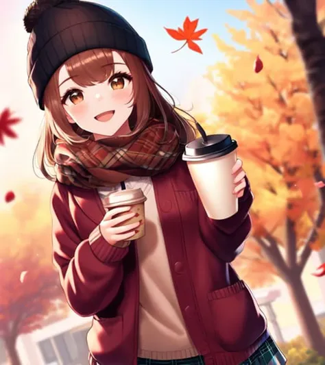 masterpiece, best quality, 1girl, (\:d:1.0) autumn leaves, bangs, black headwear, blurry background, blush, brown eyes, brown hair, brown scarf, brown skirt, cardigan, coffee, cowboy shot, cup, disposable cup, drink, falling leaves, beanie, holding, holding drink, leaf, long hair, long sleeves, looking at viewer, open cardigan, open mouth, plaid, plaid skirt, puffy long sleeves, red sweater, scarf, shirt, shirt tucked in, sidelocks, skirt, smile, solo, sweater, white shirt, extremely detailed, intricate, masterpiece, absurdres