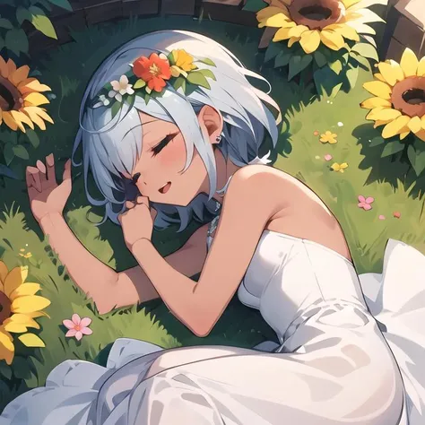 <lora:MutsubaAsana-08:0.7>, (extremely detailed:1.3),(highly detailed:1.2),(best quality:1.2),(masterpiece:1.2), 1girl, solo, MutsubaAsana, short hair, white hair, dark skin, jewelry, long dress, white dress, grass, flowers, lying on back, hands up, flower crown, wearing a flower crown, <lyco:GoodHands-beta2 (1):1.0>, nice hands, perfect hands, <lora:SleePeace2:1>, sleepeace