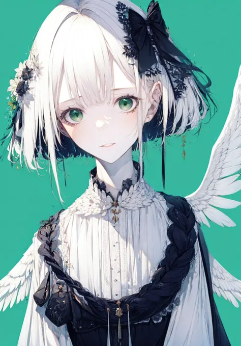 1girl, angel, angel_wings, animal, animal_on_shoulder, aqua_background, bangs, bird_on_shoulder, black_bow, blue_background, bow, braid, brooch, eyebrows_visible_through_hair, feathered_wings, flower, green_background, green_eyes, green_theme, hair_between_eyes, jewelry, looking_at_viewer, mini_wings, parted_lips, portrait, rose, short_hair, simple_background, single_wing, solo, upper_body, white_flower, white_hair, white_wings, wings <lora:style_Hitoimim:1>