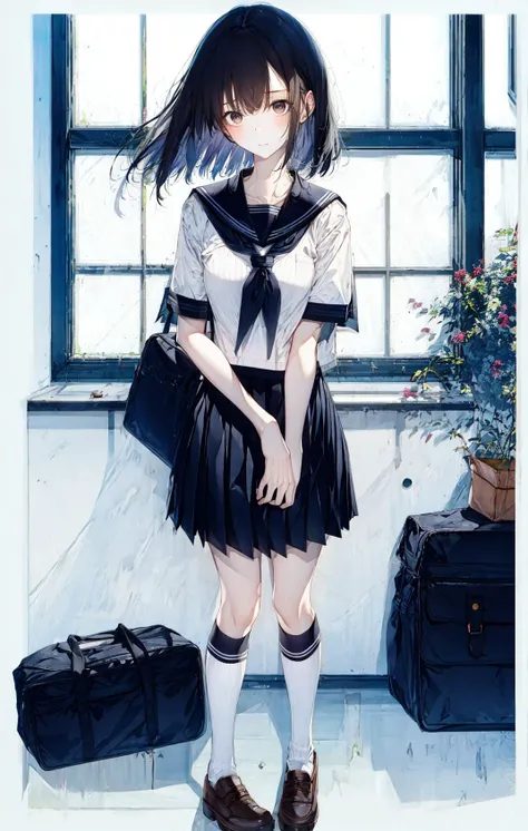 1girl, bag, bangs, black_hair, black_legwear, black_skirt, blue_legwear, blue_neckerchief, blue_sailor_collar, blue_skirt, blush, brown_eyes, cover, day, english_text, eyebrows_visible_through_hair, full_body, hair_between_eyes, hallway, indoors, kneehighs, long_hair, looking_at_viewer, looking_back, looking_to_the_side, neckerchief, pleated_skirt, ribbed_legwear, sailor_collar, school_bag, school_uniform, serafuku, shirt, shoes, short_sleeves, skirt, socks, solo, stairs, standing, sunlight, white_shirt, window <lora:style_Hitoimim:1>
