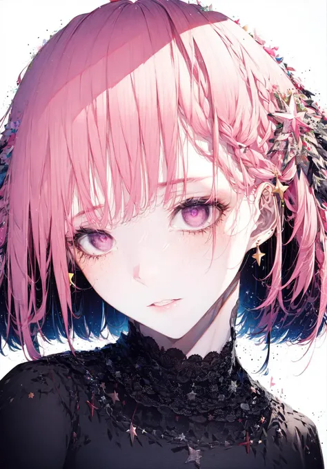 1girl, bangs, black_background, close-up, earrings, eyelashes, hair_ornament, jewelry, light_particles, long_hair, long_sleeves, looking_at_viewer, nail_polish, parted_lips, pink_eyes, pink_hair, solo, star_\(sky\), starry_sky <lora:style_Hitoimim:1>