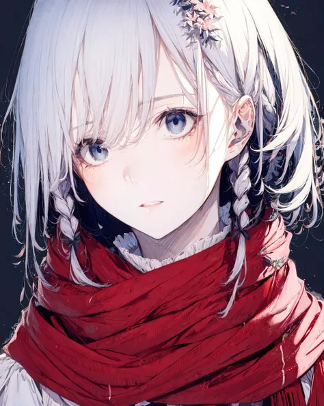 1girl, bangs, blue_eyes, blue_scarf, braid, closed_mouth, cropped_shoulders, eyebrows_visible_through_hair, face, flower, grey_eyes, hair_between_eyes, hair_flower, hair_ornament, hairband, izayoi_sakuya, looking_at_viewer, maid_headdress, messy_hair, parted_lips, portrait, red_scarf, scarf, short_hair, silver_hair, solo, upper_body, white_flower <lora:style_Hitoimim:1>