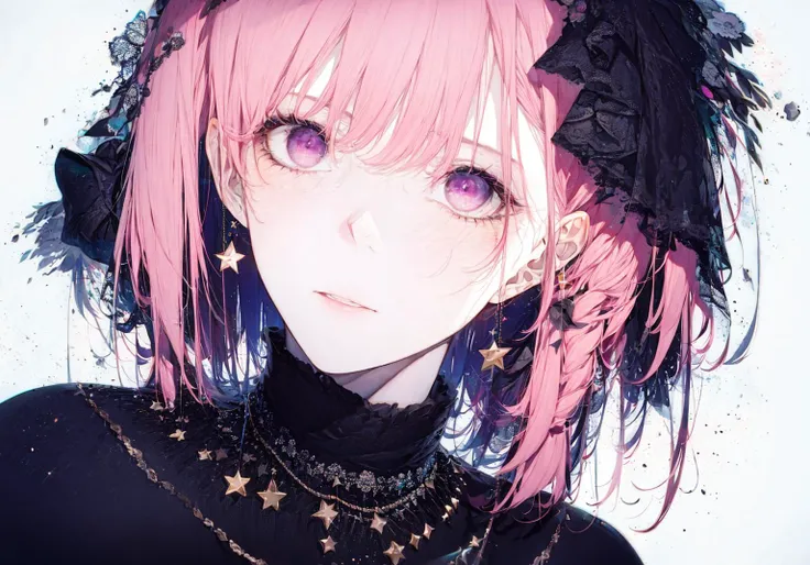 1girl, bangs, black_background, close-up, earrings, eyelashes, hair_ornament, jewelry, light_particles, long_hair, long_sleeves, looking_at_viewer, nail_polish, parted_lips, pink_eyes, pink_hair, solo, star_\(sky\), starry_sky <lora:style_Hitoimim:1>