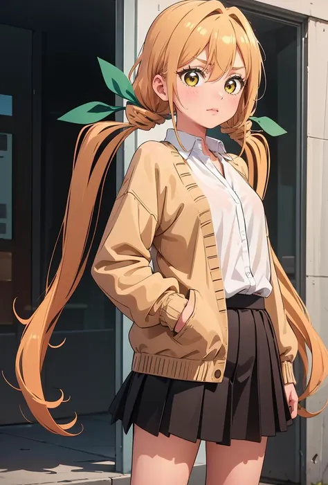 (masterpiece, best quality), 1girl,     <lora:karane_scarxzys:0.8> karane, yellow eyes, blonde hair, orange hair, long hair, low twintails, very long hair, hair between eyes, hair ribbon, green ribbon,, white shirt, collared shirt, brown cardigan, long sleeves, black skirt, pleated skirt, loose socks, shoes