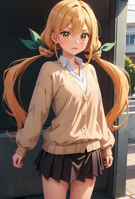 (masterpiece, best quality), 1girl,     <lora:karane_scarxzys:0.8> karane, yellow eyes, blonde hair, orange hair, long hair, low twintails, very long hair, hair between eyes, hair ribbon, green ribbon,, white shirt, collared shirt, brown cardigan, long sleeves, black skirt, pleated skirt, loose socks, shoes