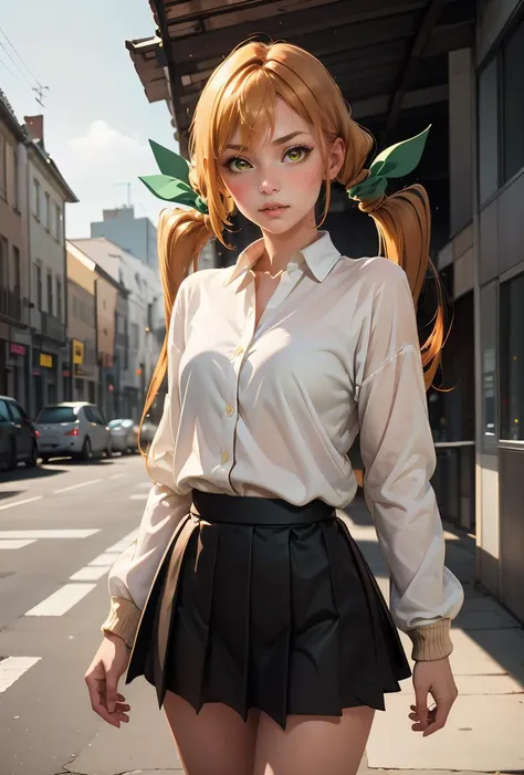 (masterpiece, best quality), 1girl,     <lora:karane_scarxzys:0.8> karane, yellow eyes, blonde hair, orange hair, long hair, low twintails, very long hair, hair between eyes, hair ribbon, green ribbon,, white shirt, collared shirt, brown cardigan, long sleeves, black skirt, pleated skirt, loose socks, shoes