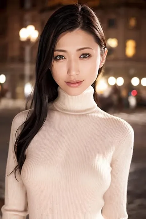 1girl,(wearing a turtleneck sweater:1.4),(RAW photo, best quality), (realistic, photo-realistic:1.4), masterpiece, an extremely delicate and beautiful, extremely detailed, 2k wallpaper, Amazing, finely detail, extremely detailed CG unity 8k wallpaper, ultra-detailed, highres, soft light, beautiful detailed girl, extremely detailed eyes and face, beautiful detailed nose, beautiful detailed eyes,cinematic lighting,city lights at night,perfect anatomy,slender body,close up,brown eyes <lora:danmitsu_lora:0.8>