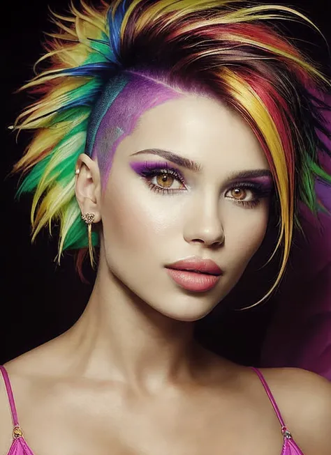 portrait of sks woman by Flora Borsi, style by Flora Borsi, bold, bright colours, rainbow Mohawk haircut, ((Flora Borsi)), <lora:locon_natsu_v1_from_v1_64_32:1.25>