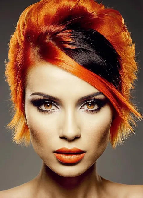 portrait of sks woman by Flora Borsi, style by Flora Borsi, bold, bright colours, orange Mohawk haircut, ((Flora Borsi)), <lora:locon_icespice_v1_from_v1_64_32:1>