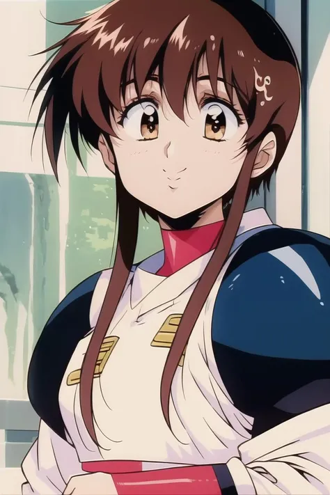 masterpiece, best quality,highres, 
tita, 1girl, (solo), brown hair, short hair with long locks, brown eyes, small breasts, 1990s \(style\), retro artstyle,
happy, smile, uniform,white uniform,
upper body, looking at viewer <lora:tita_plastic_little_v7:1>