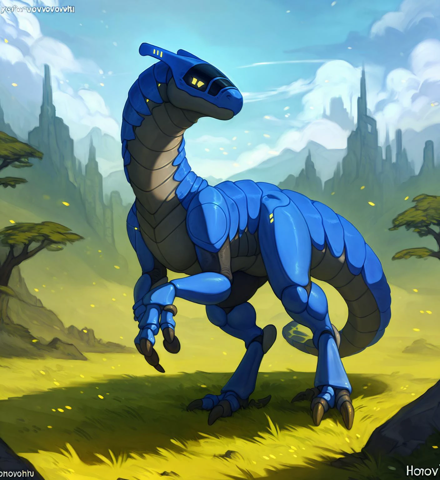 ((synth)) solo portrait, robot, honovy hioshiru foxovh, outside,feral,raptor, dinosaur, ((blue))
<lora:synth:1> <lora:bluev1.2 fluffyrock 576 r5:.51>