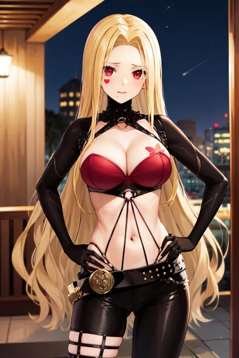 masterpiece, best quality, highres, aaluis, long hair, facial mark, mole under mouth, cleavage, breast tattoo, shrug (clothing), red bra, o-ring, long sleeves, black gloves, midriff, black belt, black pants, asymmetrical legwear, red thighhighs, <lora:luis_cammy_v1:0.7>, night, street, hand on hip,