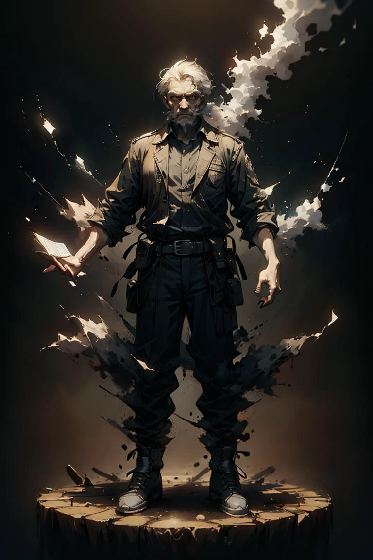an old man, full body, full shot, disolving into black smoke, <lora:sadistic_v1:0.65> sadistic expression, <lora:picxer_real:0.5> <lora:ral-dissolve-sd15:1> ral-dissolve, dramatic lighting