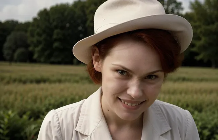 photograph, close up, british mature female redhead, 40 years old, freckles, pixiecut, wearing a white suit and white tophat in a garden, (evil:1.4), sadistic grin, <lora:sadistic_v1:1.3>, aloeamateur