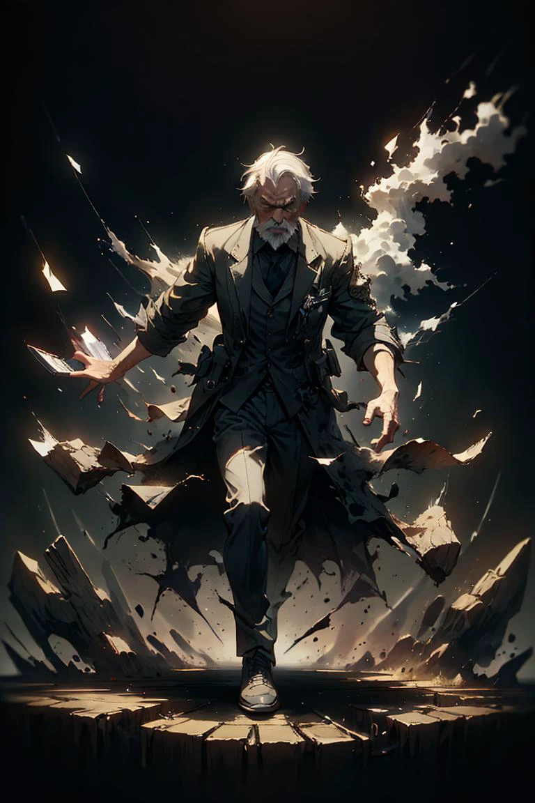 an old man, full body, full shot, disolving into black smoke, <lora:sadistic_v1:0.65> sadistic expression, <lora:picxer_real:0.5> <lora:ral-dissolve-sd15:1> ral-dissolve, dramatic lighting