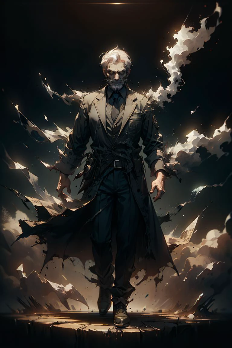 an old man, full body, full shot, disolving into black smoke, <lora:sadistic_v1:0.65> sadistic expression, <lora:picxer_real:0.5> <lora:ral-dissolve-sd15:1> ral-dissolve, dramatic lighting