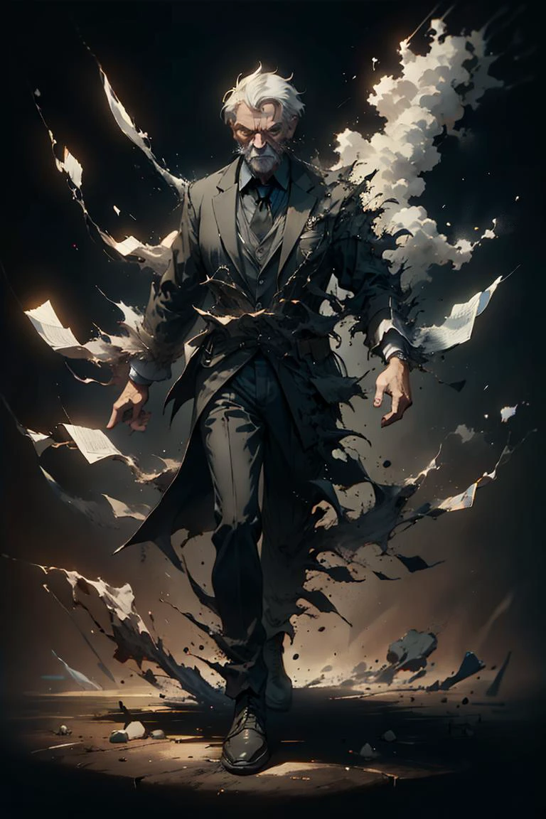 an old man, full body, full shot, disolving into black smoke, fading into the background, <lora:sadistic_v1:0.65> sadistic expression, <lora:picxer_real:0.5> <lora:ral-dissolve-sd15:1> ral-dissolve, dramatic lighting