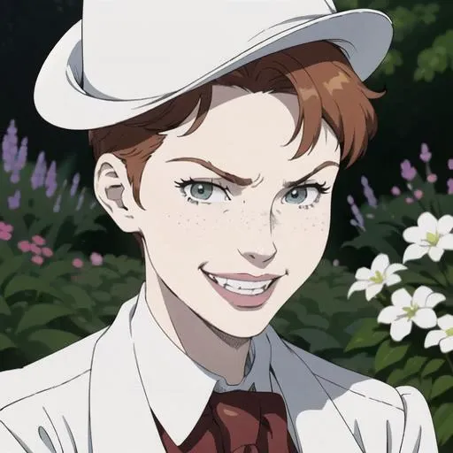 close up, british mature female milf redhead, 40 years old, freckles, pixiecut, wearing a white suit and white tophat in a garden, (evil:1.4), sadistic grin, <lora:sadistic_v1:1.3>