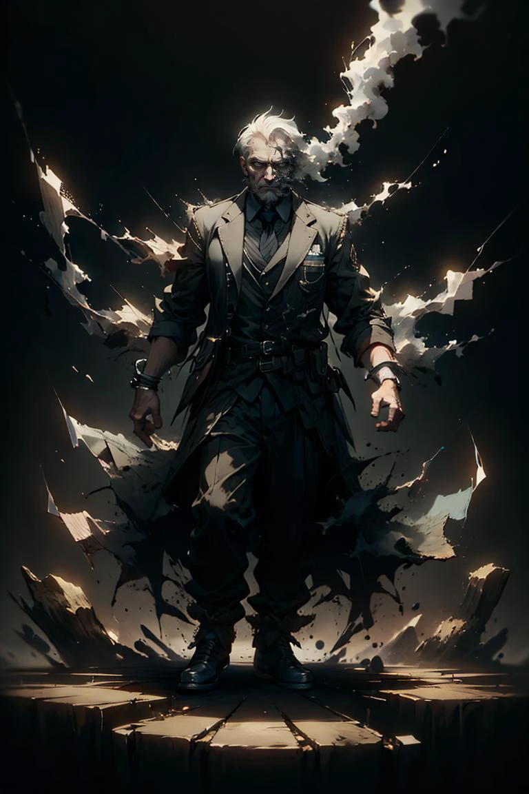 an old man, full body, full shot, disolving into black smoke, <lora:sadistic_v1:0.65> sadistic expression, <lora:picxer_real:0.5> <lora:ral-dissolve-sd15:1> ral-dissolve, dramatic lighting
