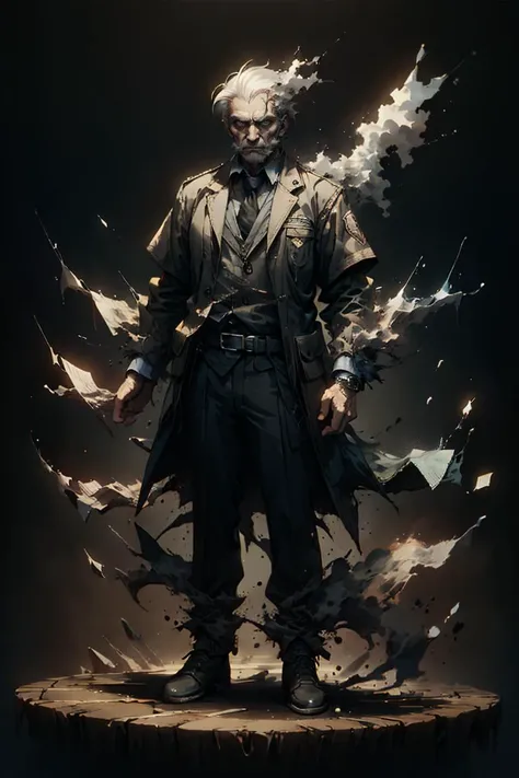 an old man, full body, full shot, disolving into black smoke, <lora:sadistic_v1:0.65> sadistic expression, <lora:picxer_real:0.5> <lora:ral-dissolve-sd15:1> ral-dissolve, dramatic lighting