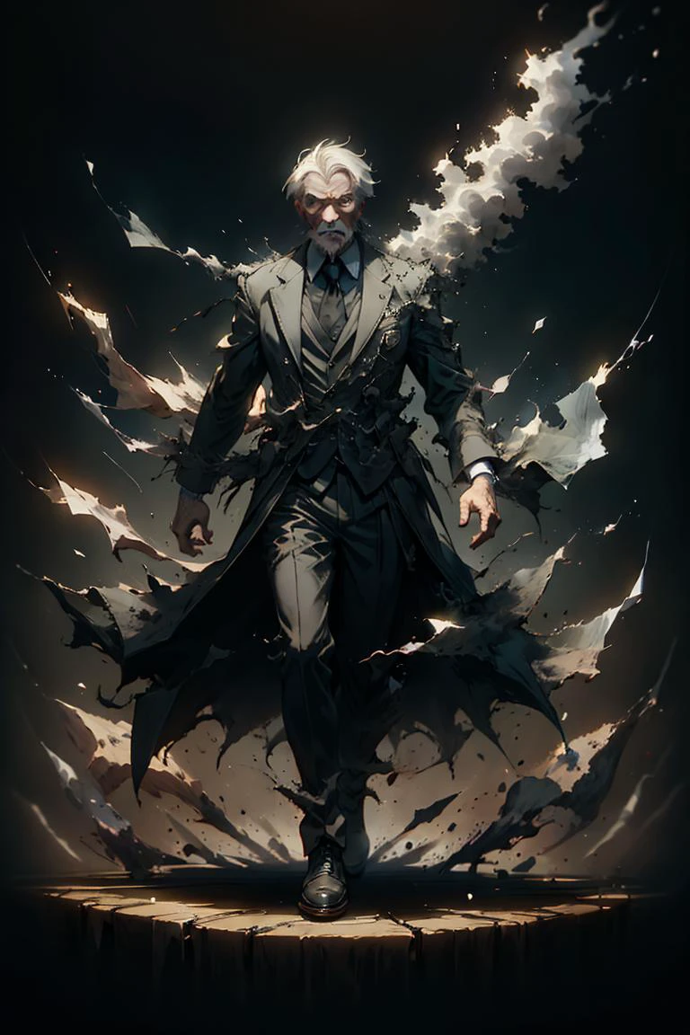 an old man, full body, full shot, disolving into black smoke, fading into the background, <lora:sadistic_v1:0.65> sadistic expression, <lora:picxer_real:0.5> <lora:ral-dissolve-sd15:1> ral-dissolve, dramatic lighting