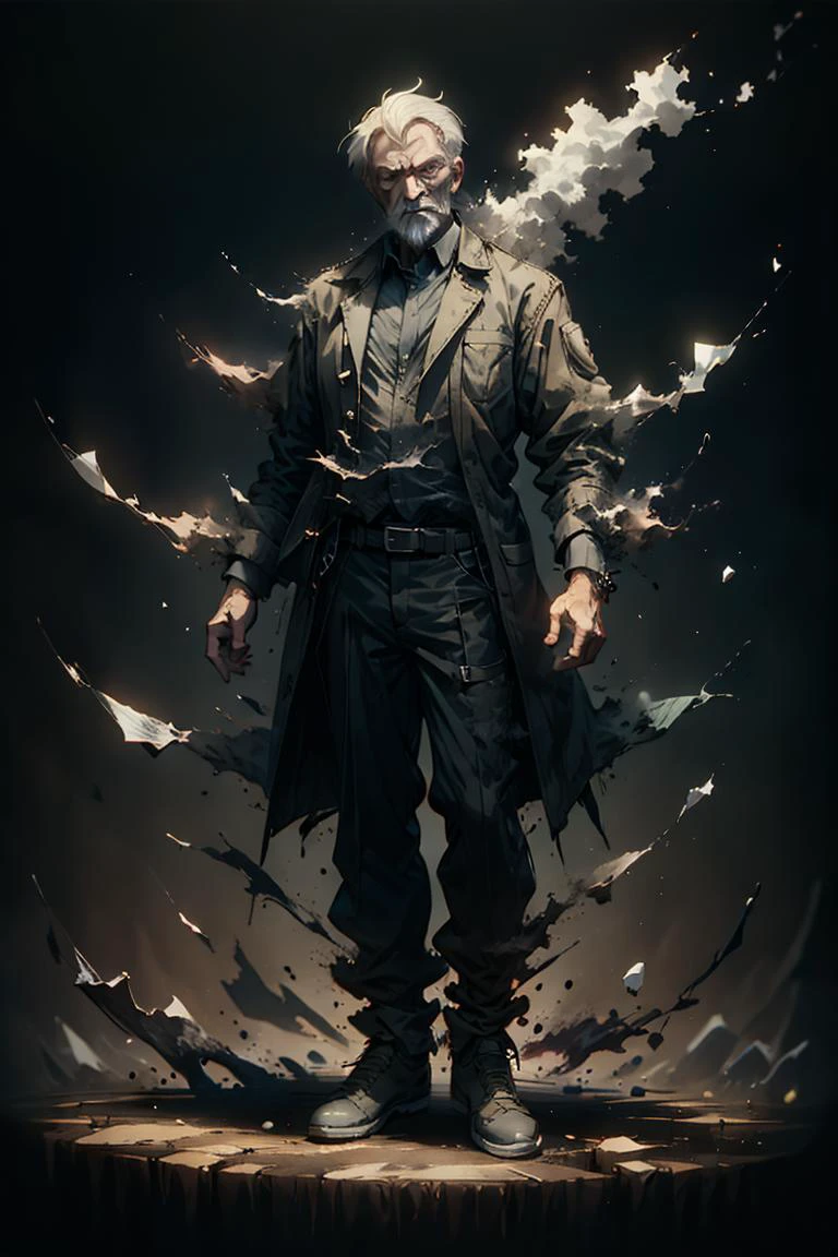 an old man, full body, full shot, disolving into black smoke, fading into the background, <lora:sadistic_v1:0.65> sadistic expression, <lora:picxer_real:0.5> <lora:ral-dissolve-sd15:1> ral-dissolve, dramatic lighting