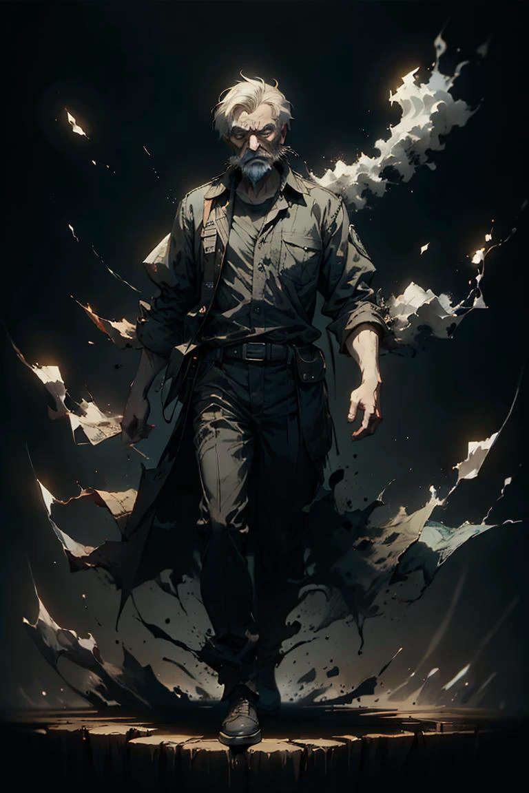an old man, full body, full shot, disolving into black smoke, fading into the background, <lora:sadistic_v1:0.65> sadistic expression, <lora:picxer_real:0.5> <lora:ral-dissolve-sd15:1> ral-dissolve, dramatic lighting
