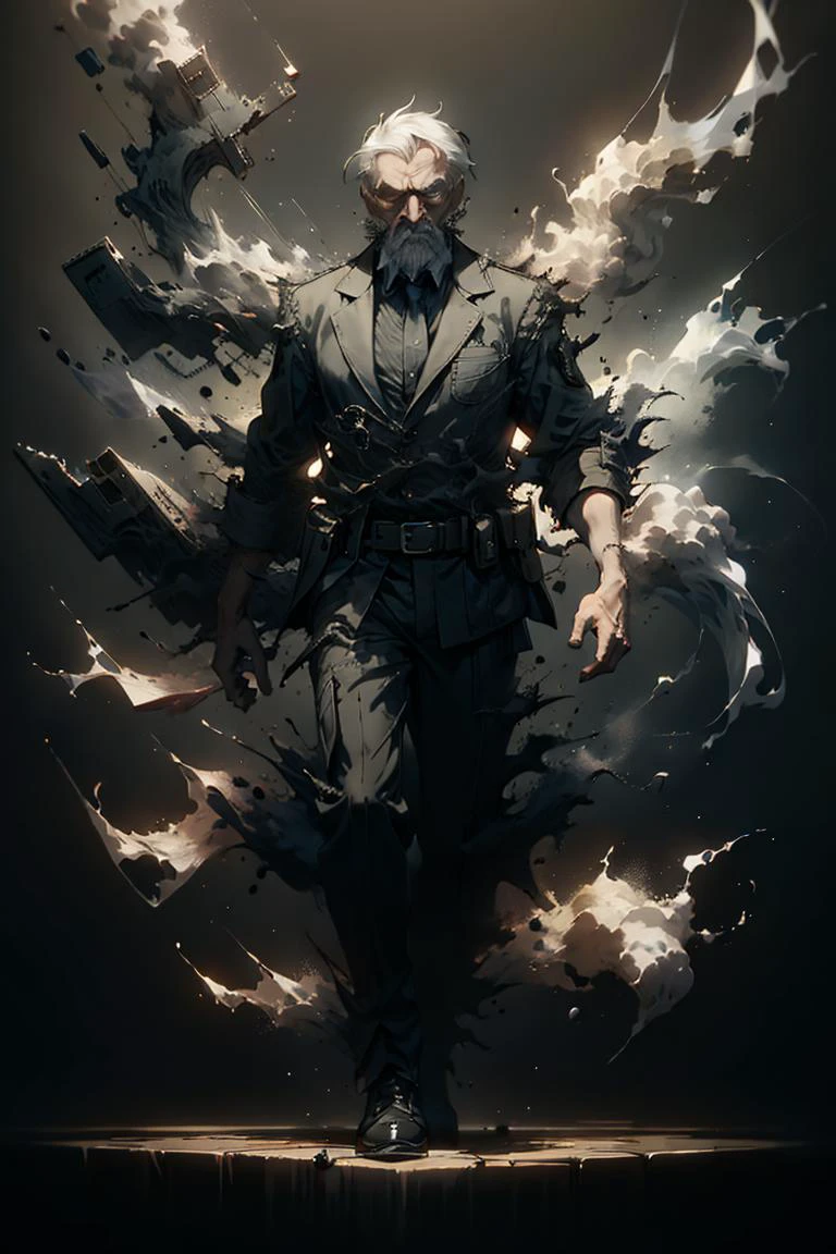 an old man, full body, full shot, disolving into black smoke, <lora:sadistic_v1:0.65> sadistic expression, <lora:picxer_real:0.5> <lora:ral-dissolve-sd15:1> ral-dissolve, dramatic lighting