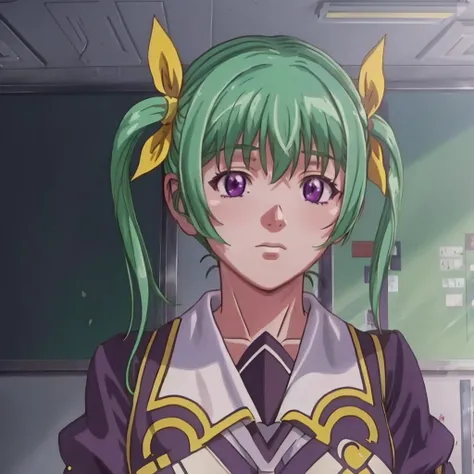 nonomura_ruri, green hair, purple_eyes, school uniform, classroom, hair ribbon, <lora:nonomura_ruri_v1:0.8>, masterpiece, best quality