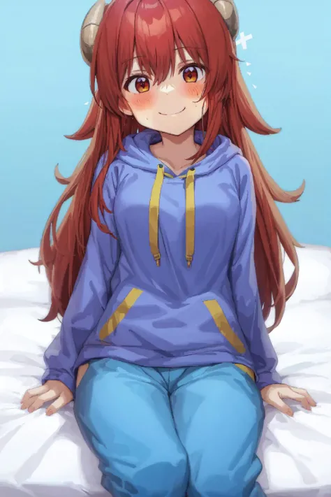 best quality, masterpiece, 1girl, solo, yoshida yuuko \(machikado mazoku\), horns, shamiko, cowboy shot, hoodie, bedroom, smile, sweatpants, pants, sitting