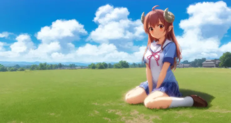 best quality, masterpiece, 1girl, solo, yoshida yuuko \(machikado mazoku\), horns, shamiko, school uniform, wariza, smile, closed mouth, outdoors, grass, landscape, wide shot, blue sky, clouds