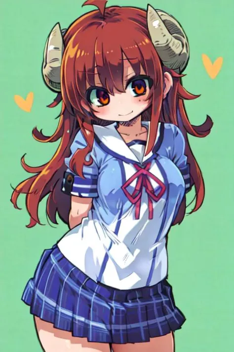 best quality, masterpiece, 1girl, solo, yoshida yuuko \(machikado mazoku\), shamiko, horns, school uniform, small breasts, arms behind back,
