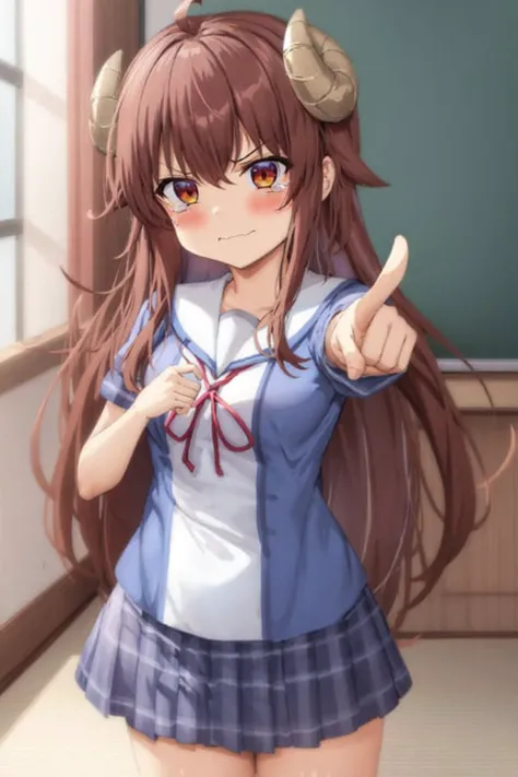 best quality, masterpiece, 1girl, solo, yoshida yuuko \(machikado mazoku\), horns, shamiko, school uniform, cowboy shot, angry, closed mouth, indoors, tearing up, pointing at viewer, other hand by waist