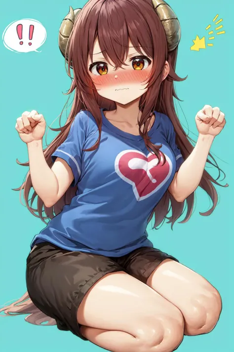 best quality, masterpiece, 1girl, solo, yoshida yuuko \(machikado mazoku\), horns, shamiko, paw pose, nose blush, wavy mouth, closed mouth, t-shirt, shorts, spoken exclamation mark,