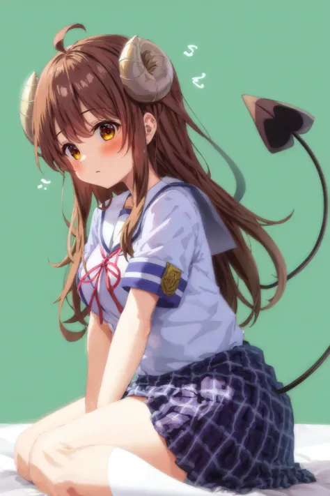 best quality, masterpiece, 1girl, solo, yoshida yuuko \(machikado mazoku\), horns, shamiko, school uniform, demon tail, from side, looking to the side,