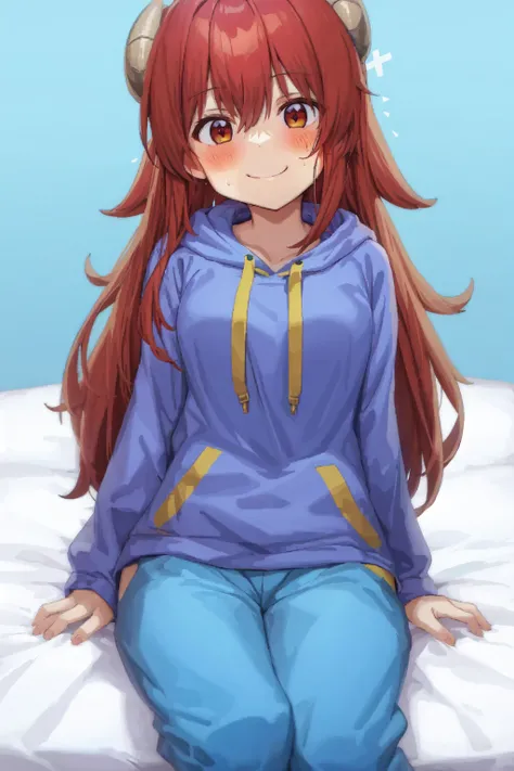 best quality, masterpiece, 1girl, solo, yoshida yuuko \(machikado mazoku\), horns, shamiko, cowboy shot, hoodie, bedroom, smile, sweatpants, pants, sitting