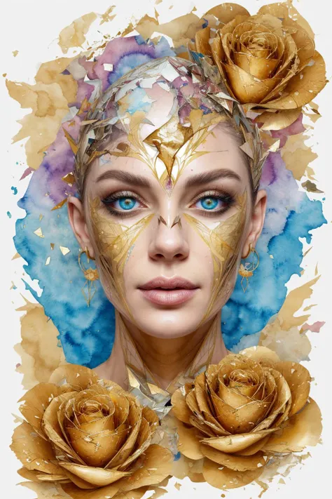 An abstract geometrical painting of woman's face, golden and white roses, detailed symmetric circular iris, shattered paper fragments, intricate complex watercolor painting, color explosion, ink drip, volumetric lighting, metallic reflections, inspired by Alberto Seveso