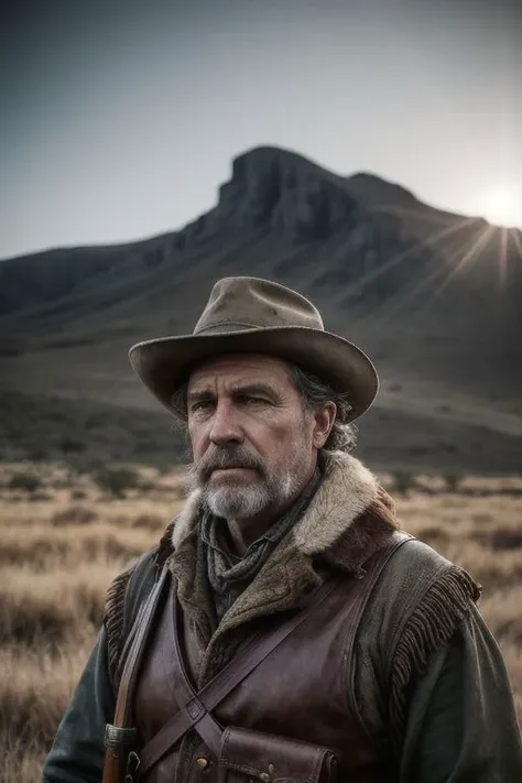 8k, ultra HD photo, Allan Quatermain in action, African Savannah setting, dramatic mountain backdrop, late 19th-century explorer attire, holding a vintage rifle, looking into the distance, expression of determination, early morning light casts long shadows, vivid, natural colors of the Savannah, golden grass, acacia trees dotting the landscape, distant mountains shrouded in mist, wildlife in the background, sense of adventure, Quatermain's character essence, rugged, experienced outdoorsman, leadership, survival skills on display, iconic explorer, cinematic lighting, masterful composition, depth of field focuses on Quatermain, ultra-detailed textures, clothing, gear, and natural surroundings, visual storytelling masterpiece. dramatic, gritty, intense:1.1), looks at viewer, cinematic shot, hard shadows, professional photo, complex, ultra-detailed, cinematic lighting, masterpiece, moody, dramatic, sharp focus, motion blur, noise, lens effects, scene by traditional and contemporary artists collaborating on subject matter, analog photography, award-winning photo, depth of field, bokeh, ultra-detailed background, hard shadows, ray tracing, random angle shot, perfect textures, tactile textures, perfect skin texture,