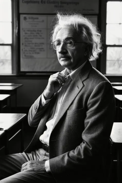 8k, ultra HD photo, Albert Einstein at Princeton, 1940s classroom ambiance, Einstein in mid-discussion, gesturing animatedly, classic professorial look, tweed suit, iconic wild hair, surrounded by engaged students, light reflecting off round glasses, atmosphere of intellectual curiosity, vintage classroom, wooden desks, sunlight streaming through large windows, students in period-appropriate attire, focused attentiveness, details of Einstein's expressive face, passion for teaching evident, classroom filled with academic paraphernalia but no focus on written equations, cinematic lighting emphasizes Einstein's figure, masterful composition, depth of field blurs classroom edges, highlights interaction, visual storytelling masterpiece, capturing the essence of Einstein's genius and charisma as an educator. ( dramatic, gritty, intense:1.1), looks at viewer, cinematic shot, hard shadows, professional photo, complex, ultra-detailed, cinematic lighting, masterpiece, moody, dramatic, sharp focus, motion blur, noise, lens effects, scene by traditional and contemporary artists collaborating on subject matter, analog photography, award-winning photo, depth of field, bokeh, ultra-detailed background, hard shadows, ray tracing, random angle shot, perfect textures, tactile textures, perfect skin texture,
