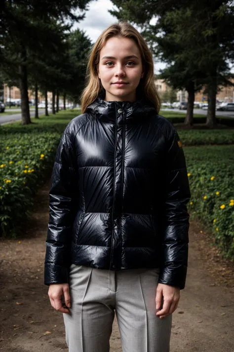 A woman in a black jacket standing in a park - SeaArt AI