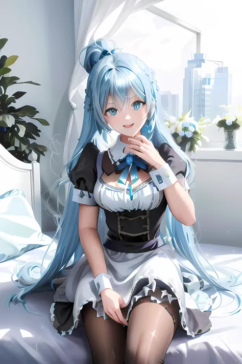 (masterpiece, highres, best quality, ultra detailed, outdoor, (beautiful detailed face, detailed eyes), aqua, hair ornament, long hair, blue hair, single hair ring, cleavage, Aqua from konosuba, blue hair, long hair,skirt, kono subarashii sekai ni shukufuku wo, indoor, bed, window, modern room, good lighting, maid dress, covered dress, realistic, ultra realistic, 3d, 4k, cute
 <lora:Aqua Konosuba:1>