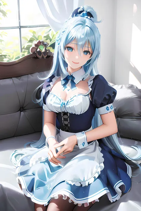 (masterpiece, highres, best quality, ultra detailed, outdoor, (beautiful detailed face, detailed eyes), aqua, hair ornament, long hair, blue hair, single hair ring, cleavage, Aqua from konosuba, blue hair, long hair,skirt, kono subarashii sekai ni shukufuku wo, indoor, bed, window, modern room, good lighting, maid dress, covered dress, realistic, ultra realistic, 3d, 4k, cute
<lora:Aqua Konosuba:1>