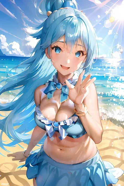 disorganized, Super detailed, masterpiece, highest quality, official art, (beautiful and aesthetic), devilish beautiful girl, (((2 beautiful girls)), (cute),Rem(Re:zero) 16 years old, colorful hair, Split color hair, splash, (blue hair),short hair, sexy random hair, (Variegated eyes), (((Variegated eyesの色))), (upward facing eyes, smile), (Barrette), earrings, Variety of hairstyles, (Cute string bikini, Skirt Bikini), (thighs), (E cup, cleavage), (chest focus), ( best smile), open your mouth (big breasts), round eyes, (blowing in the Wind), 突Wind (Wind),さわやかなWind, motion blur effect, Wind ,background (beach), (stand in the center of the screen), outdoor, Wind , sunlight, spectacular scenery, particles of light, dynamic angle, dutch angle, perspective, (daytime, Sun rays), Depth of bounds written, Bokeh, Light leakage, (chromatic aberration),