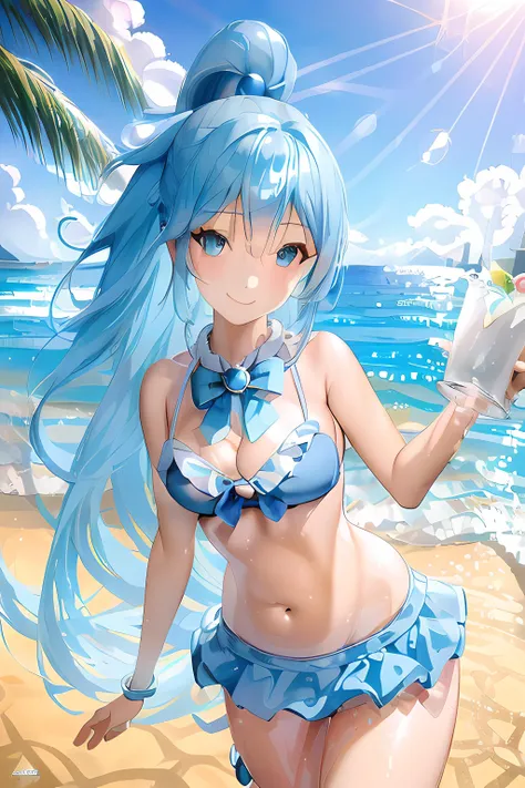(masterpiece, highres, best quality, ultra detailed, outdoor, (beautiful detailed face, detailed eyes), aqua, hanging breasts, hair ornament, long hair, blue hairt, single hair ring, cleavage, breasts focus, downblouse, Aqua from konosuba, blue hair, long hair, breasts, medium breasts, skirt, kono subarashii sekai ni shukufuku wo, beach, bikini, blue bikini, water, sea, sand, summer, sun, nice boobs, realistic, hyper realistic, miniskirt, belly showing, belly button, cute bikini
 <lora:Aqua Konosuba:1>