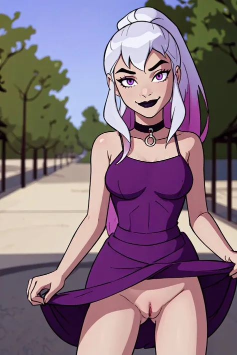 (masterpiece, best quality:1.3), Charmcaster, upper body, purple dress, pussy, very long hair, Low ponytail, white hair, bangs, solo, black lipstick, purple eyes, eyeliner, smirk, black choker, looking at viewer, outdoors, (detailed, highres:1.4), <lora:Character_Ben.10_Charmcaster:0.6> <lora:Concept_Colored.Tips:1> purple IncursioDipDyedHair, <lora:Function_Better.Hands:1> <lora:Style_Ben.10.Alien.Force:0.5> ben10af, <lora:Concept_Skirt.Lift:0.6> skirtlift