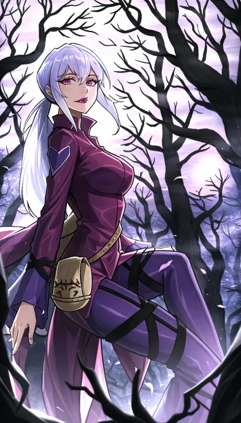 (cowboy shot), sfw, (masterpiece), (best quality:1.0), (ultra highres:1.0), detailed eyes,
BREAK
<lora:Charmcaster-000008:0.7> Charmcaster, 1girl, low ponytail, bangs, pink eyes, lipstick
magenta coat, bodysuit, thigh straps, pouch belt
BREAK
(forest, nighttime, creepy trees, outdoors, gorgeous view)