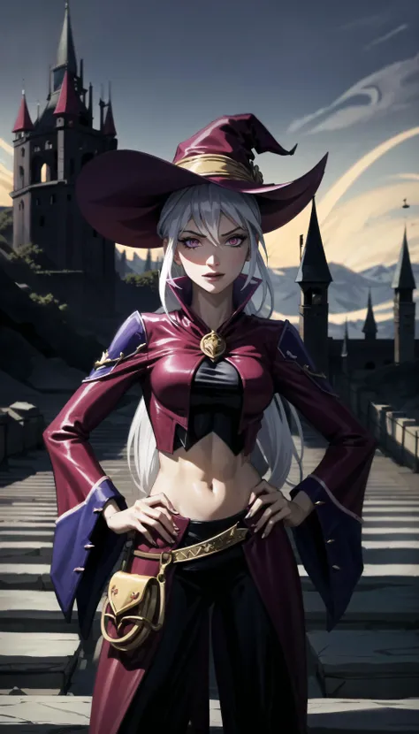 (cowboy shot), sfw, (masterpiece), (best quality:1.0), (ultra highres:1.0), detailed eyes,
BREAK
<lora:Charmcaster-000008:0.7> Charmcaster, 1girl, pink eyes, low ponytail, wispy bangs, hands on hips
<lyco:mage_glam:0.7> mage_glam, pouch belt, witch hat, midriff
BREAK
(castle, outdoors, gorgeous view)